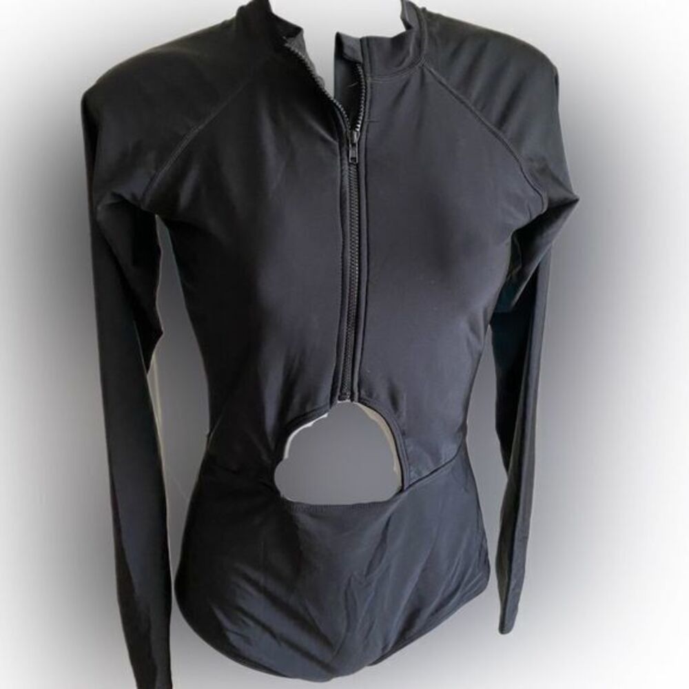 Rashguard Cut out Swimsuit - M black /teal green.  Nylon spandex